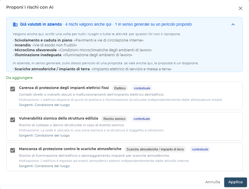 Finestra «Proponi i rischi con AI»: i rischi già valutati in azienda e quelli da aggiungere, con pericolo e motivazione