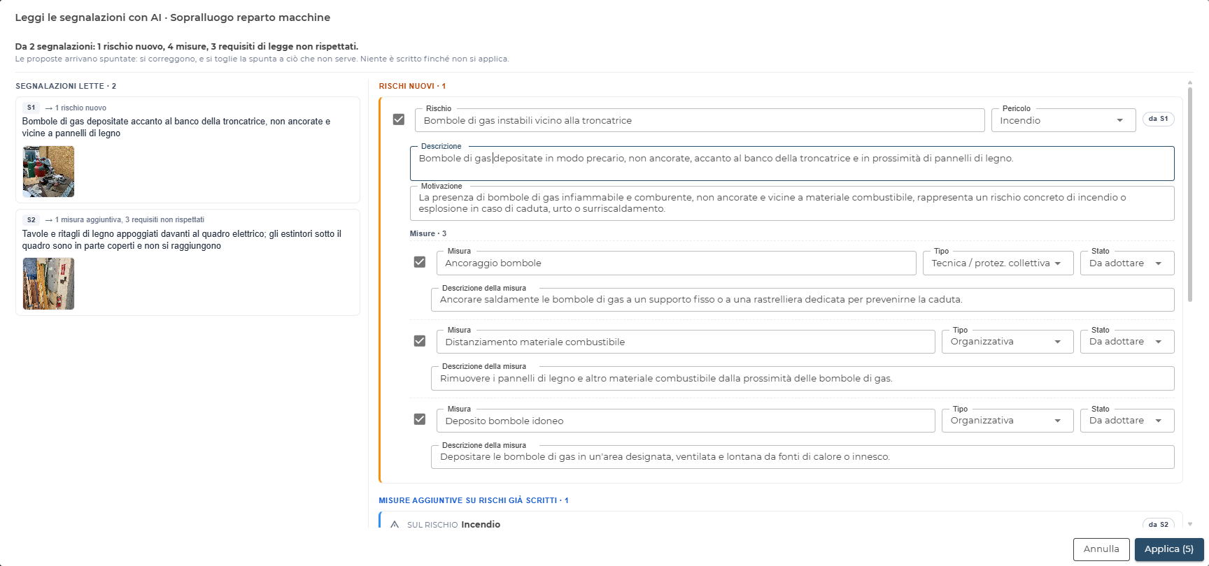Finestra «Leggi le segnalazioni con AI»: da due segnalazioni con foto nascono un rischio nuovo con tre misure e una misura aggiuntiva