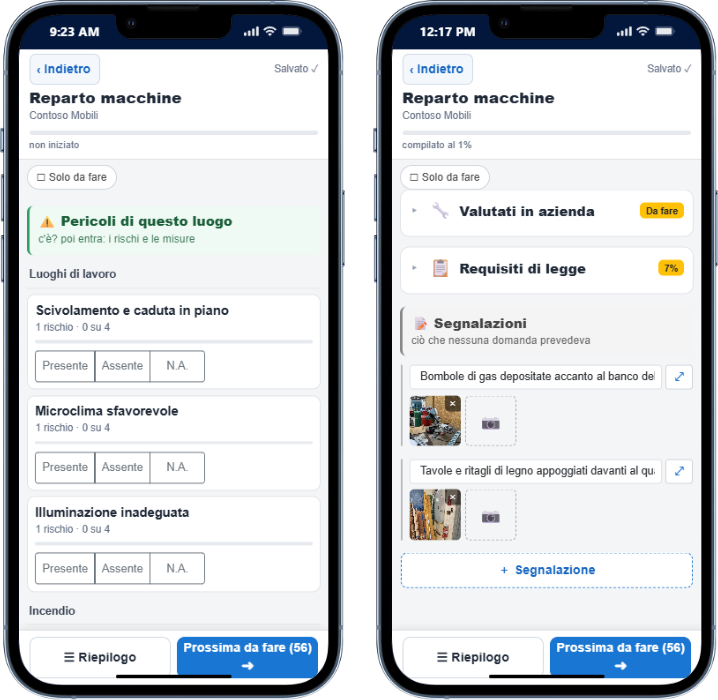 Il sopralluogo sul telefono: i pericoli del luogo con le risposte presente, assente, non applicabile, e le segnalazioni con le foto