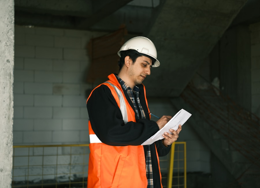 Ispettore HSE con gilet arancio che compila documentazione di valutazione rischi